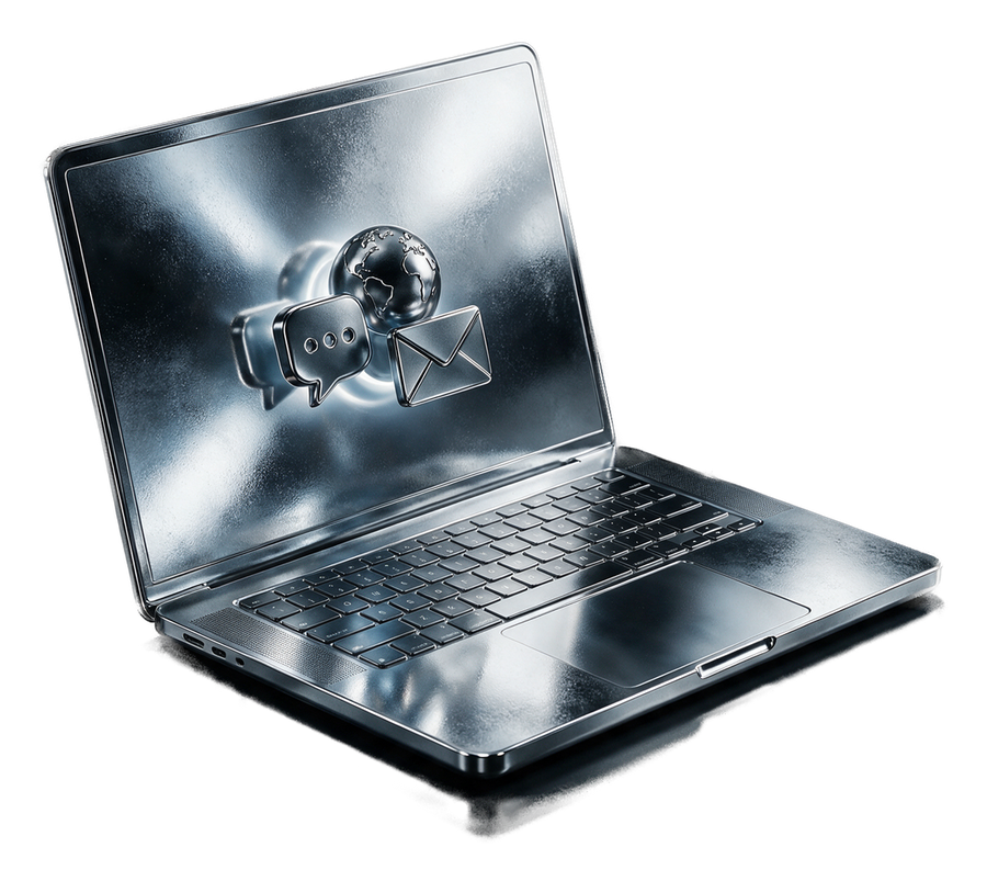 Polished chrome laptop with social, web and email icons emerging from the screen