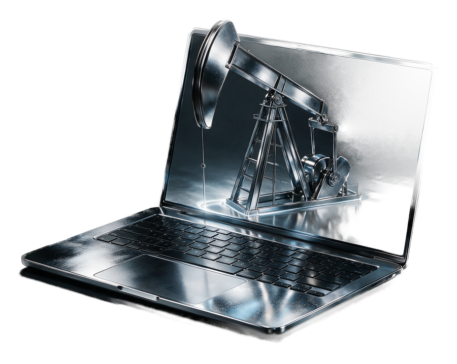 Polished chrome laptop with an oil pump jack emerging from the screen